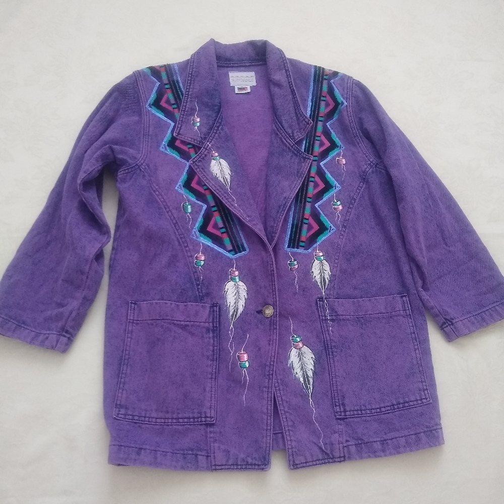 Sundance hand painted southwestern rodeo tribal western denim long line jacket